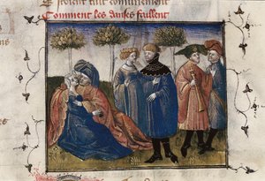 Upea kohtaus hoviherroista, miniatyyri Guillaume Lorrisin "Roman de la Rose"