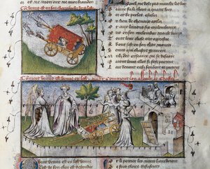 Kuinka Venus saapuu ja hyökkäsi kateuden rakentamaan linnaan, Guillaume Lorrisin pienoismalli käsikirjoituksesta Le Romanesque de la Rose,