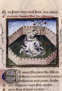 Esitys nuoresta rakastuneesta pojasta herkkujen puutarhassa löytämässä Narcissuksen suihkulähteen, pienoismalli Guillaume Lorrisin "Roman de la Rose"