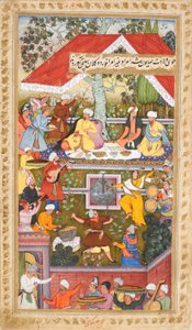 Humayunin syntymän kunniaksi järjestetyt juhlallisuudet Kabulin Chahar Baghissa (Sur Gujarati), noin 1590 (peittävä akvarelli). tekijältä Gujarati Sur
