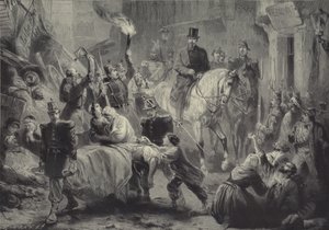 Louis Napoleon vierailee Pariisin barrikadeilla ratsain yöllä 3. joulukuuta 1851