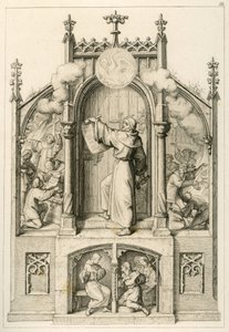 Luther ei halua antaa ammuksia, vasemmalla : Johann Tetzel (1465-1519) polttaa Lutherin papereita, pääkuva : Luther ripustaa 95 teesiään Wittenbergin kirkon ovelle, oikealla : Wittenbergin yliopisto palaa tekijältä Gustav Ferdinand Leopold Konig