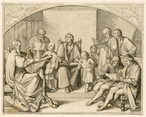 Luther esitteli saksalaiset protestanttiset uskonnolliset hymnit yhdessä lastensa ja ystäviensä kanssa Johannes Waltherin (1496-1570) johdolla tekijältä Gustav Ferdinand Leopold Konig