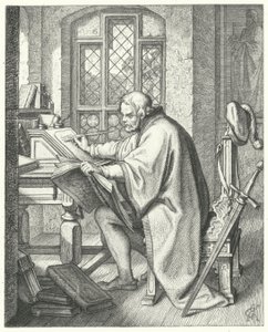 Martin Luther aloittaa Raamatun kääntämisen Wartburgin linnassa (kaiverrus)