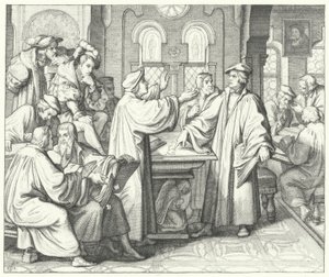 Martin Luther keskustelee sakramentista Huldrych Zwinglin kanssa (kaiverrus) tekijältä Gustav Ferdinand Leopold Konig
