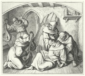 Martin Luther pyörtyy Raamattu kädessään ja hänen ystävänsä tuovat hänet takaisin tajuihinsa (kaiverrus) tekijältä Gustav Ferdinand Leopold Konig