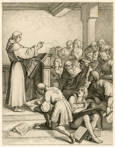 Martin Luther pitää luentoja Wittenbergin yliopistossa, hänen edessään varakansleri tohtori Pollich ja hänen isäystävänsä Johann von Staupitz (1460-1524) tekijältä Gustav Ferdinand Leopold Konig