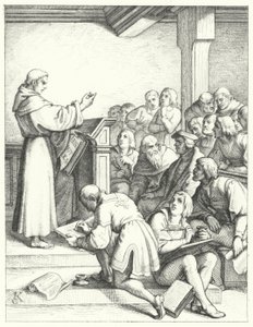 Martin Luther filosofian ja teologian luennossa hänen kandidaatin tutkintoonsa (kaiverrus) tekijältä Gustav Ferdinand Leopold Konig