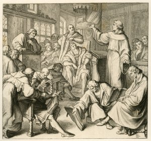 Martin Luther keskustelee Dr. Johannes Eck (Johann Maier von Eck) (1486-1543), Lutherin puolella Philipp Melanchthon (1497-1560) ja Karlstadt (Andreas Rudolf Bodenstein von Karlstadt tekijältä Gustav Ferdinand Leopold Konig