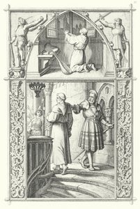 Martin Luther rukouksessa valmistautuessaan Wormsin valtiopäiviin (ylhäällä). Georg von Frundsberg rohkaisee Martin Lutheria (alhaalla) (kaiverrus) tekijältä Gustav Ferdinand Leopold Konig