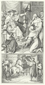 Martin Luther jättää paavin legaatin Wittenbergissä Thomas Cajetanin (ylhäällä). Martin Luther lähtee Augsburgin kaupungista (alhaalla) (kaiverrus) tekijältä Gustav Ferdinand Leopold Konig