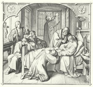 Martti Luther rukoilee Philip Melanchthonin kuolinvuoteella (kaiverrus) tekijältä Gustav Ferdinand Leopold Konig