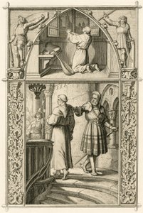 Martti Luther valmistautuu rukouksella tapaamiseen keisarin kanssa (kuva yllä); pääkuva : Luther tapaa ritari George (Georg) von Frundsbergin (Jorg von Fronsberg, Freundsbergin) tekijältä Gustav Ferdinand Leopold Konig