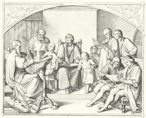 Martti Luther laulaa kirkon kuoron kanssa (kaiverrus) tekijältä Gustav Ferdinand Leopold Konig