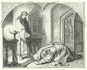 Martin Luther kauppias Hans Kohlhasen kanssa (kaiverrus) tekijältä Gustav Ferdinand Leopold Konig