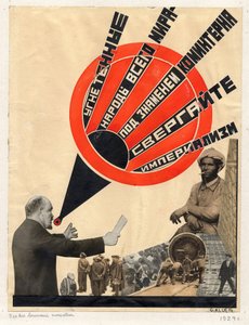 kollaasi, jonka Gustav Klutsis teki vuonna 1924, Leninin ylistyskirjaan - Neuvostoliiton poliittinen agitaatiotaide: Koko maailman sorretut kansat Klutsis, Gustav (1895-1938)