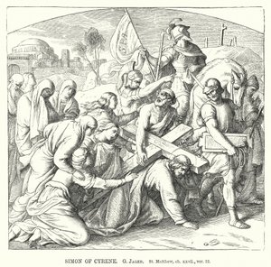 Simon Kyrenelainen, St Matthew, ch xxvii, ver 32 (kaiverrus) tekijältä Gustav Jager