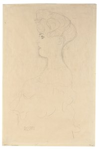 Profiilimuotokuva vasemmalta, n.1904-05 (lyijykynä, valkoista ja punaista väriliitua simili Japanin paperille). tekijältä Gustav Klimt