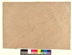 In einem Armsessel lehnender weiblicher Akt im Profil tekijältä Gustav Klimt