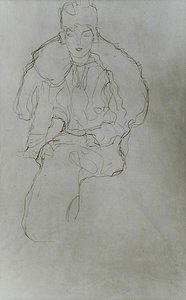 Istuva nainen turkiskääreellä ja päähineellä tekijältä Gustav Klimt