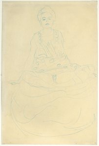 Istuu puolialastona edestä, n. 1907 (kynä paperille) tekijältä Gustav Klimt