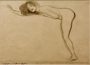 Seisova tyttö alasti vartalo eteenpäin vasemmalle taivutettuna tekijältä Gustav Klimt