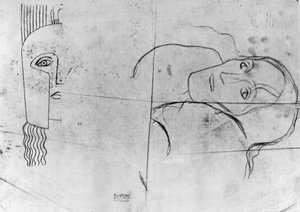 Tutkimuksia Ver Sacrum 1900 - Pallas Athene ja traaginen pää, 1897-98 (lyijykynä ja sininen väriliitu kuultopaperille). tekijältä Gustav Klimt