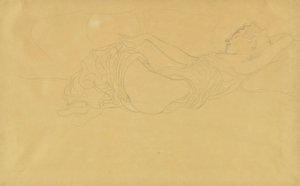 Nainen makaa selällään, osittain pukeutunut tekijältä Gustav Klimt