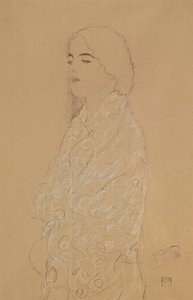 Nainen valkoisella huivilla (kynä valkoisella ja punaisella liidulla paperilla) tekijältä Gustav Klimt