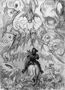 Sukellusvenemaailma, Rudolph Erich Raspen teoksesta "Paroni Münchausenin seikkailut", kaiverrus Stephane Pannemaker (1847-1930) n. 1868 (kaiverrus) tekijältä Gustave (after) Dore
