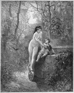 La Fortune et le jeune Enfant - Onnijumalatar pelastaa pienen lapsen kaivosta - Jean de La Fontainen (Lafontaine) (1621-95) "Fablesista" - kaiverrus Gustave Doren (1832-83) mukaan - Yksityinen kokoelma tekijältä Gustave (after) Dore