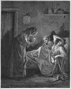 La Vieille et les deux Servantes - Vanha nainen ja hänen kaksi palvelijaansa - Jean de La Fontainen (Lafontaine) (1621-95) "Fablesista" - kaiverrus Gustave Doren (1832-83) mukaan - Yksityinen kokoelma tekijältä Gustave (after) Dore