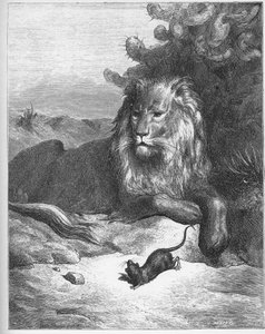 Le lion et le rat - Leijona ja hiiri - Jean de La Fontainen (Lafontaine) (1621-95) "Fablesista" - kaiverrus Gustave Doren (1832-83) mukaan - Yksityinen kokoelma