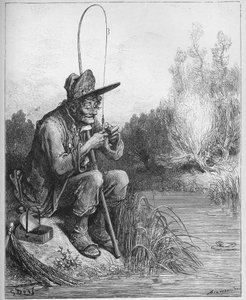 Kalastaja ja pieni kala - Kalastaja ja pieni kala - Jean de La Fontainen (Lafontaine) (1621-95) "Fablesista" - kaiverrus Gustave Doren (1832-83) mukaan - Yksityinen kokoelma tekijältä Gustave (after) Dore