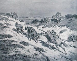 Beaten Knight and his Squire, Miguel Cervantesin (1547-1616) Don Quijote de la Manchasta, kaiverrus Heliodore Joseph Pisan (1822-90) n. 1868 (kaiverrus) tekijältä Gustave (after) Dore