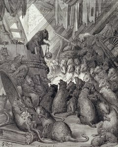 Rottien pitämä neuvosto, La Fontainen taruista, kaiverrus Antoine Valerie Bertrand (s.1823) n. 1868 (kaiverrus) tekijältä Gustave (after) Dore