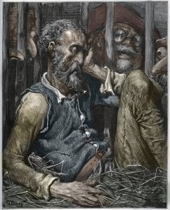 Don Quijoten lumous Miguel Cervantesin (1547-1616) "Don Quijote de la Manchasta" (Don Quijote) - Gustave Doren piirtämän puupiirros tekijältä Gustave (after) Dore