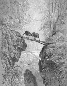 The Two Goats, "The Fables" of La Fontainen, kaiverrus A. Ligny, n.1868 (kaiverrus) tekijältä Gustave (after) Dore