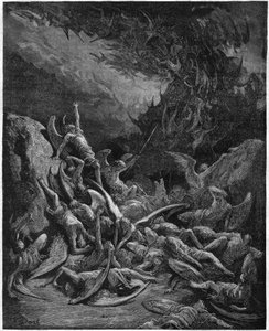 Kadonnut paratiisi: langenneet enkelit. Gustave Doren piirroksesta, joka kuvaa englantilaisen runoilijan John Miltonin (1608-1674) "Kadonnutta paratiisia". Kaiverrus vuodelta 1867. Yksityinen kokoelma
