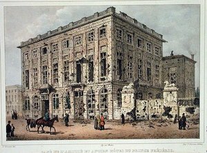 Cafe Amitie ja Old Hotel du Prince Frederic, Bryssel, 23.-26. syyskuuta 1830 käytyjen taistelujen jälkeen, kaiverrus Jean Baptiste Madou (1796-1877) (värinen kaiverrus) tekijältä Gustave Adolphe (after) Simoneau