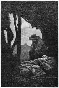 Jean Valjean tarkkailee Cosettea unessa, kuvitus Victor Hugon teoksesta Les Miserables tekijältä Gustave Brion