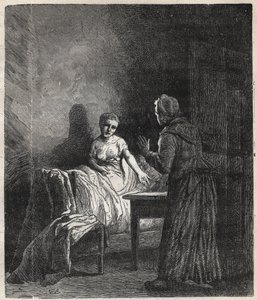 Marguerite astuu Fantinen huoneeseen ja Fantine näyttää hänelle kahta Napoleonia (kolikko), jotka voivat pelastaa Cosetten, hänen tyttärensä - Gustave Brionin (1824-1877) kuvitus Victor Hugon (1802-1885) elokuvaan "The Miserables - First part: Fantine" 186 tekijältä Gustave Brion