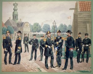 Tanskan laivaston upseerit Akatemiassa. Gustav Brockin vesiväri tekijältä Gustave Brock