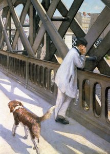 Le Pont de LEurope: yksityiskohta lepäävästä miehestä ja koirasta, 1876 yksityiskohta kuvasta 50110. tekijältä Gustave Caillebotte
