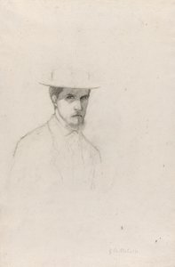 Omakuva hattu päässä, noin 1879 (grafiitti kuvioidulle paperille). tekijältä Gustave Caillebotte