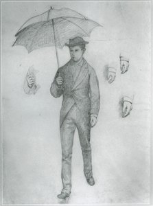 Nuori mies sateenvarjon kanssa (lyijykynä paperille) tekijältä Gustave Caillebotte