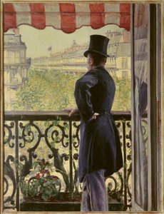 Mies parvekkeella Tyylikäs mies silinterissä lepää parvekkeen kaiteella Pariisin suurilla bulevardeilla. Gustave Caillebotten (1848-1894) maalaus 1880 Su. 0,86 x 1,14 m. Yksityinen kokoelma - Mies parvekkeella. Älykäs mies silinteri le tekijältä Gustave Caillebotte