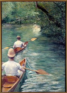 Perissoiret. Pari kävelee vedessä perissoires, eräänlainen kajakki (The Canoes). (Koristesarjan elementti: La Peche a la Lignen ja Les Baigneursin kanssa suunniteltu triptyykki). Gustave Caillebotten (1848-1894) maalaus tekijältä Gustave Caillebotte