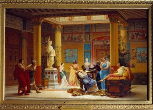 Prinssi Napoleonin "huilusoittimen..." ja "La Femme de Diomeden" toisto Pariisin Maison Pompeiennen atriumissa vuonna 1860. Gustave Boulangerin (1824-1888) maalaus