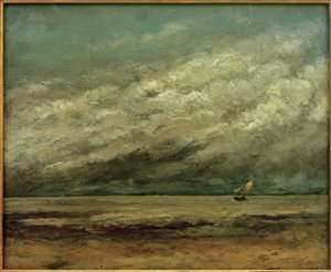 Purjevene lähellä rannikkoa, myrskyinen taivas tekijältä Gustave Courbet